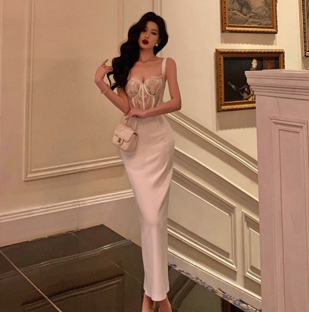 Sexy Sheath Straps White Lace 18th Birthday Dress Long Party Birthday Outfits For Women DP0156