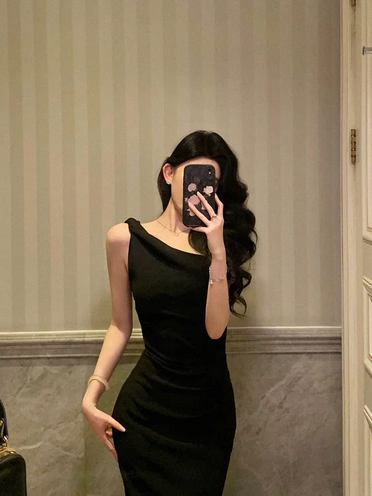 Sexy Sheath One Shoulder Black Sleeveless Prom Dresses Party Dress Summer Birthday Outfits 18th Birthday Dresses W820