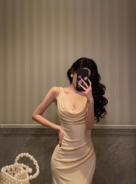 Robe fourreau vintage en satin champagne, décolleté en V, sans manches, tenue de fête pour 18e anniversaire, tenue d'anniversaire pour femme, DP0209