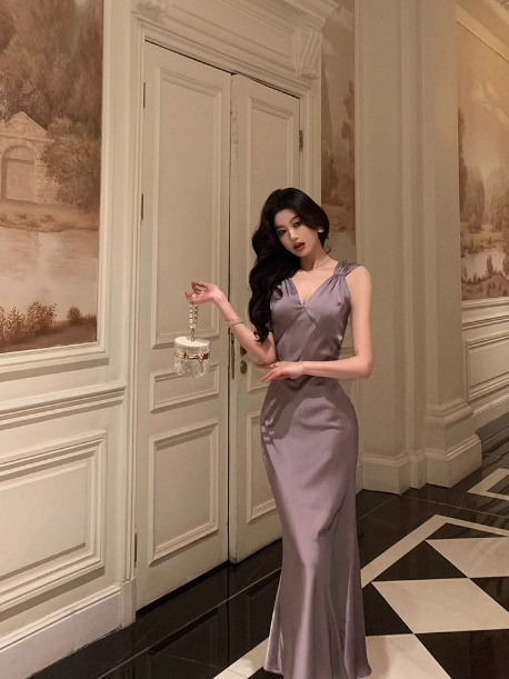 Jolie robe sirène à décolleté en V, couleur raisin poudré, tenue de fête pour 21e anniversaire, tenue d'anniversaire pour femme, DP0189