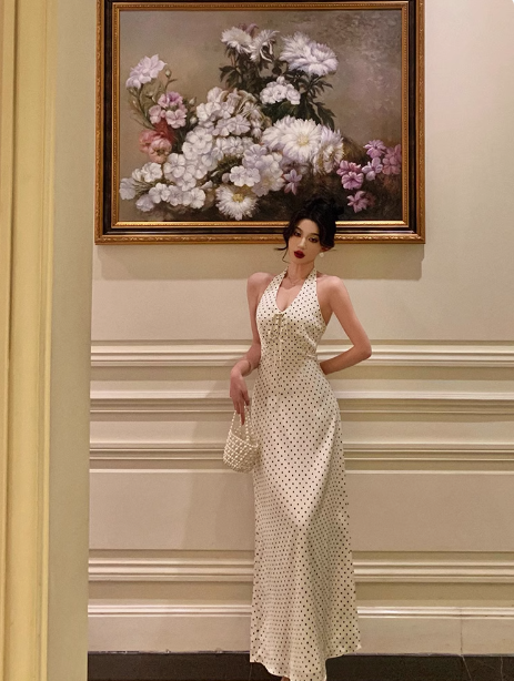 Jolie robe fourreau dos nu noire à pois pour 21e anniversaire, tenue de fête pour femme DP0190
