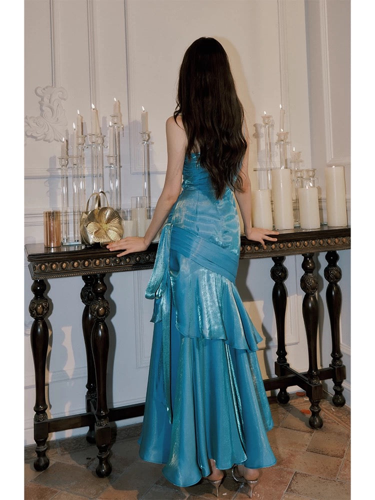 Elegant Mermaid Spaghetti Straps Blue Satin Long Prom Dresses Party Dress 21st Birthday Outfits Graduation Dresses DH2398
