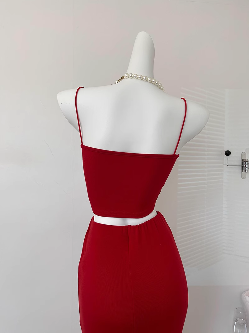 Cute Mermaid Spaghetti Straps 2 Pieces Red Long Summer Dress For Women DP0013
