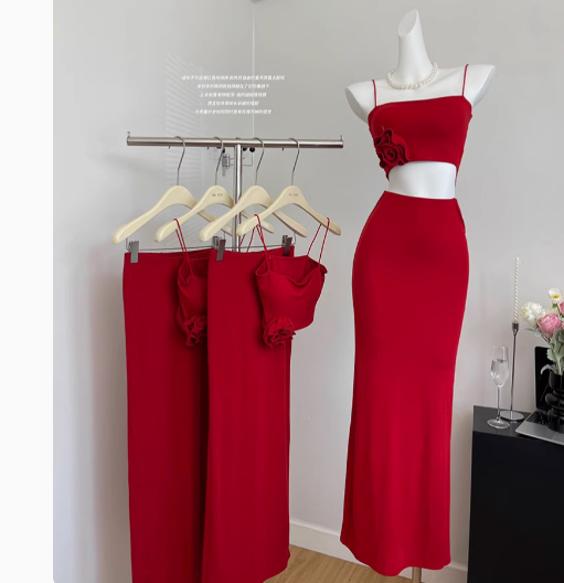 Cute Mermaid Spaghetti Straps 2 Pieces Red Long Summer Dress For Women DP0013