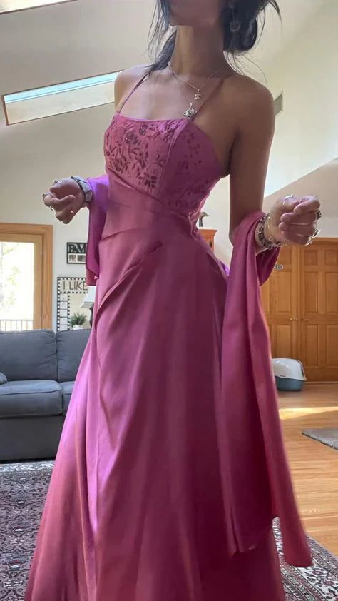 Classy Fuchsia Spaghetti Straps Satin A-Line Beaded Long Prom Dress Bridesmaid Dresses Long formal Dress DP488