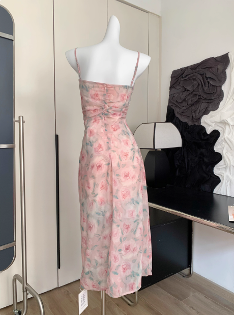 Cute A line Spaghetti Straps Pink Floral Long Chiffon Dress For Women DP0008