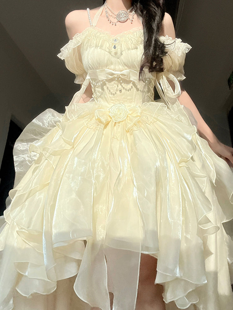Robe vintage Lolita en mousseline de soie, manches courtes, épaules dénudées, pour 16e anniversaire, tenue d'anniversaire W1130
