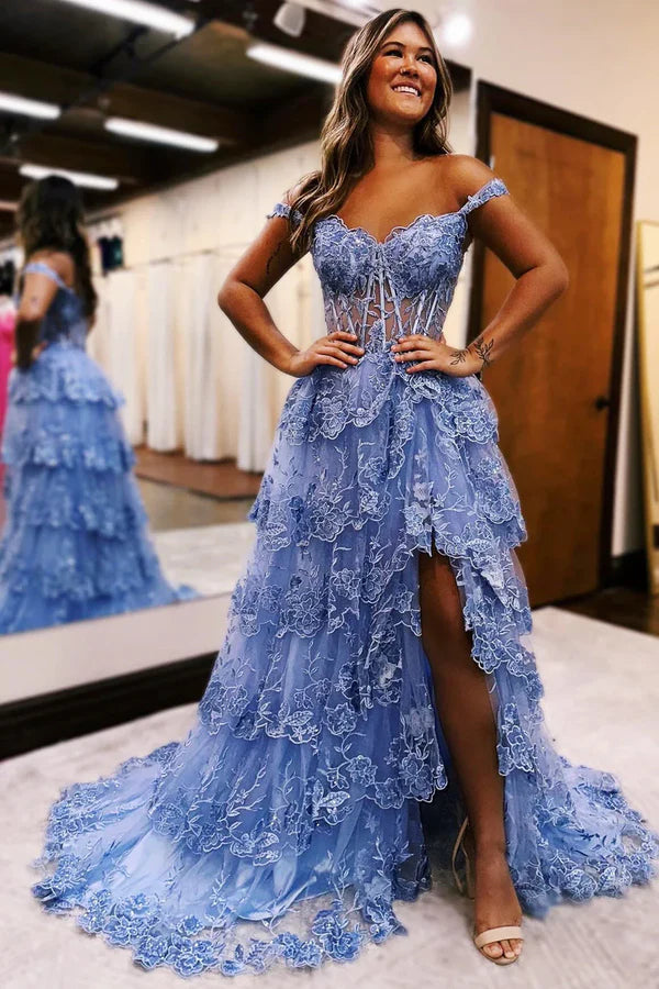 Pretty Off the Shoulder Black Tulle Appliques Off-the-Shoulder Ruffle Long Prom Dress Graduation Dress DP517