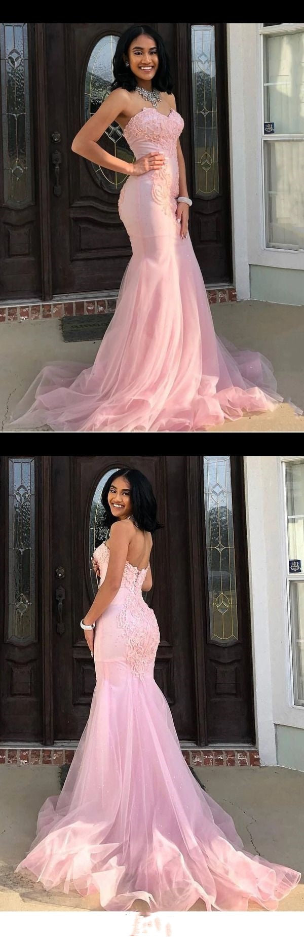 Classy Pink Sweetheart Sleeveless Lace Mermaid Prom Dresses with Train Evening Dresses Graduation Dress DP476