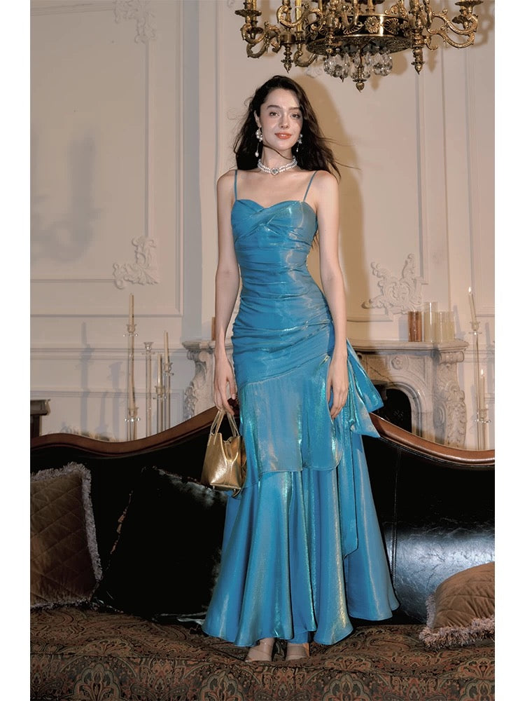 Elegant Mermaid Spaghetti Straps Blue Satin Long Prom Dresses Party Dress 21st Birthday Outfits Graduation Dresses DH2398