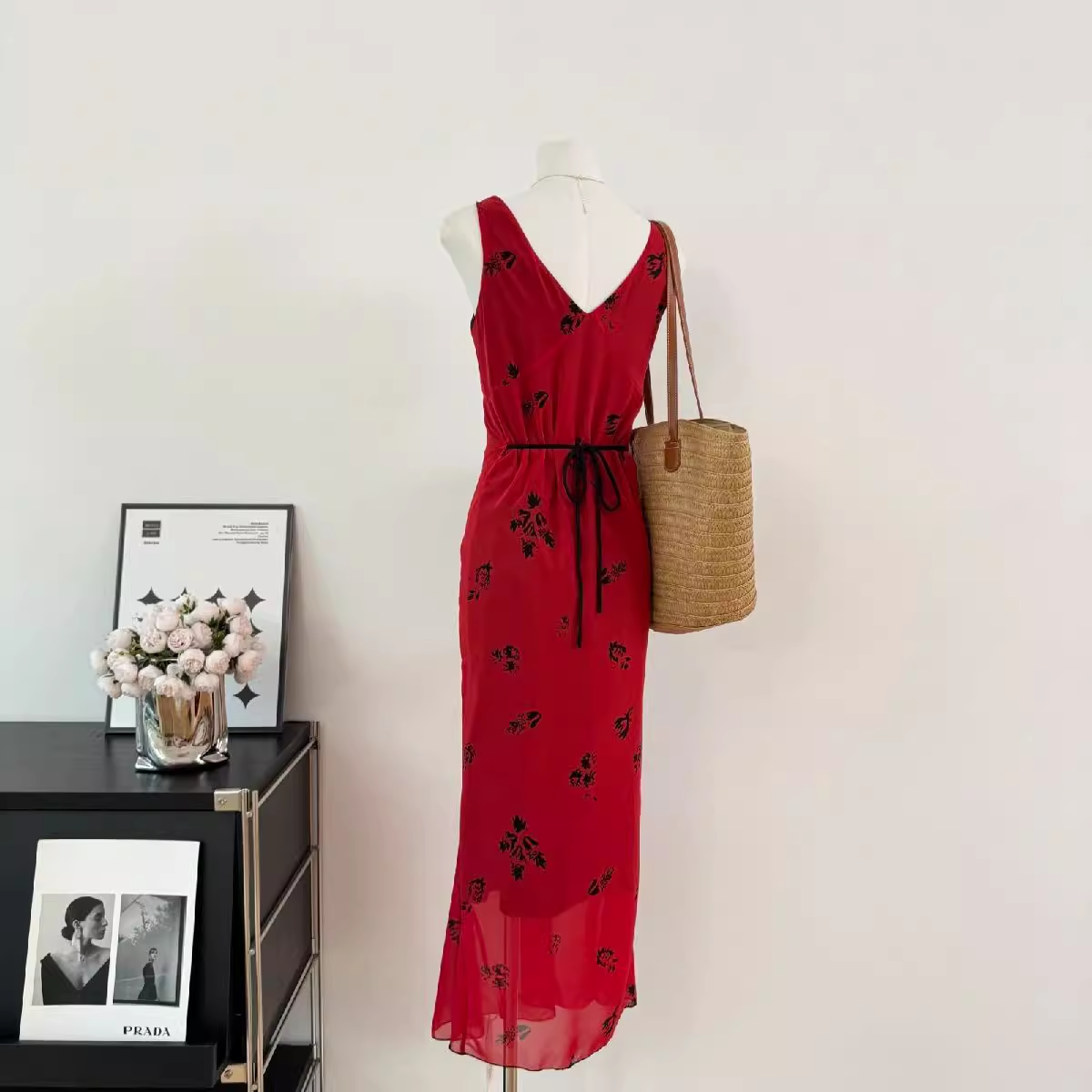 Cute A line V Neckline Red Floral Long Summer Dress For Women DP0011