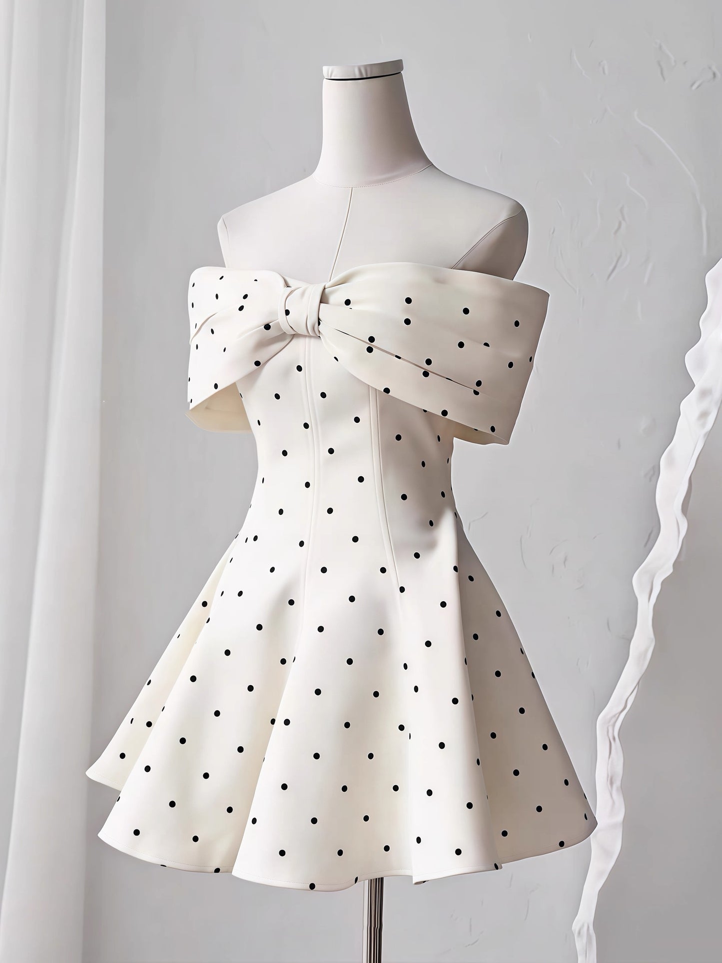 Cute A line Off The Shoulder Black Polka Dots Short Satin Formal Homecoming Dresses Party Graduation Dress Hoco Dresses DH2772