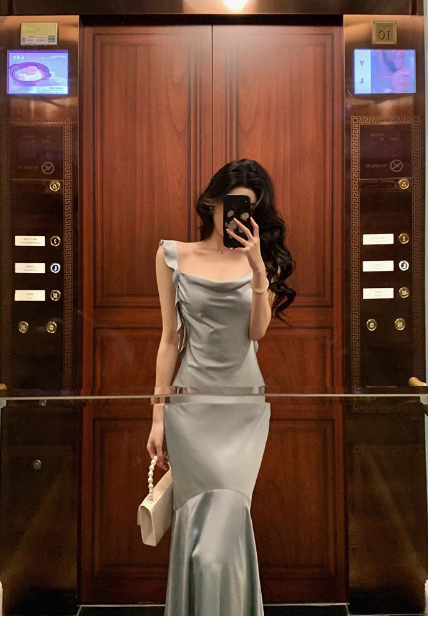 Vintage Mermaid Square Neckline Light Blue Satin Sleeveless 18th Birthday Dress Party Gown Birthday Outfits For Women DP0205