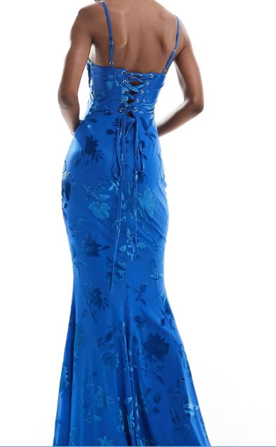 Classy Mermaid Spaghetti Straps Floral Blue Prom Dresses Satin Summer Wedding Guest Dresses Wedding Guest Outfits DP741