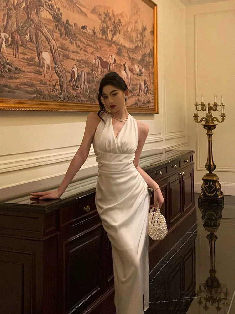 Sexy Sheath Halter White Sleeveless Prom Dresses Party Dress Summer Birthday Outfits Birthday Dresses W811