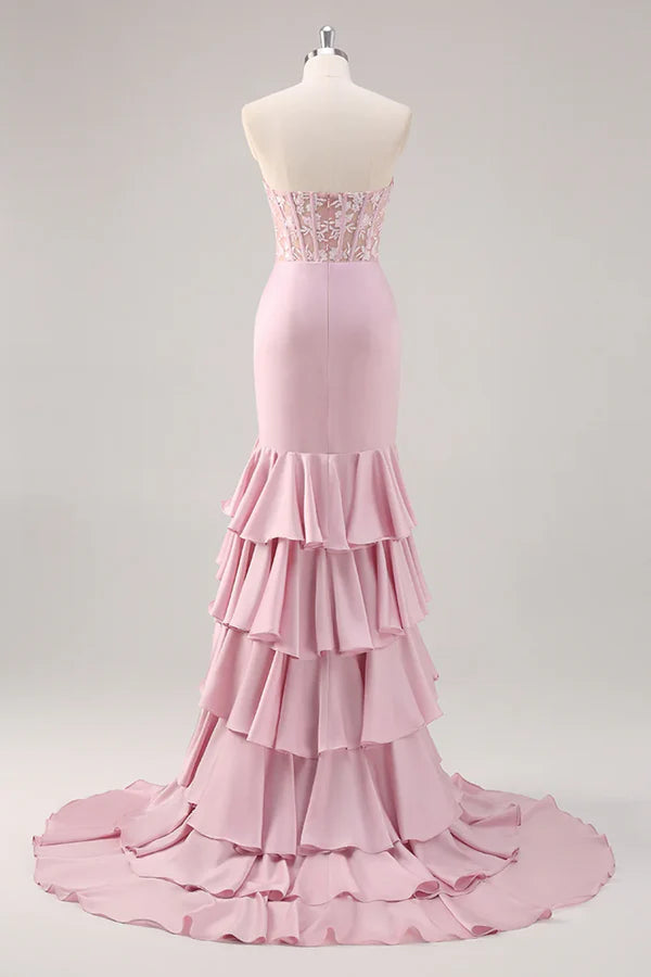 Robe de bal longue à volants style sirène, sans bretelles, style corset, avec fente, DP525