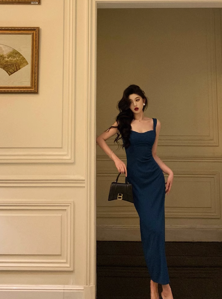 Vintage Sheath Square Neckline Blue Satin Sleeveless 18th Birthday Dress Party Gown Birthday Outfits For Women DP0206