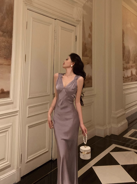 Jolie robe sirène à décolleté en V, couleur raisin poudré, tenue de fête pour 21e anniversaire, tenue d'anniversaire pour femme, DP0189