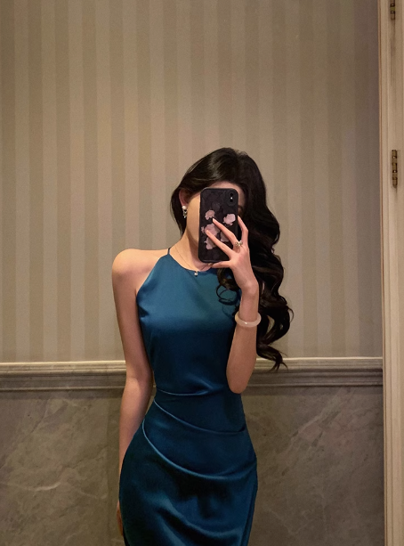 Pretty Mermaid Halter Navy Blue Satin 18th Birthday Dress Party Birthday Outfits For Women DP0167