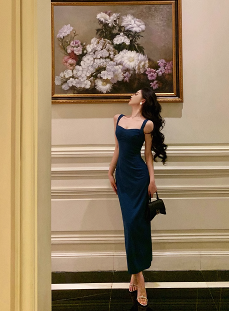 Vintage Sheath Square Neckline Blue Satin Sleeveless 18th Birthday Dress Party Gown Birthday Outfits For Women DP0206