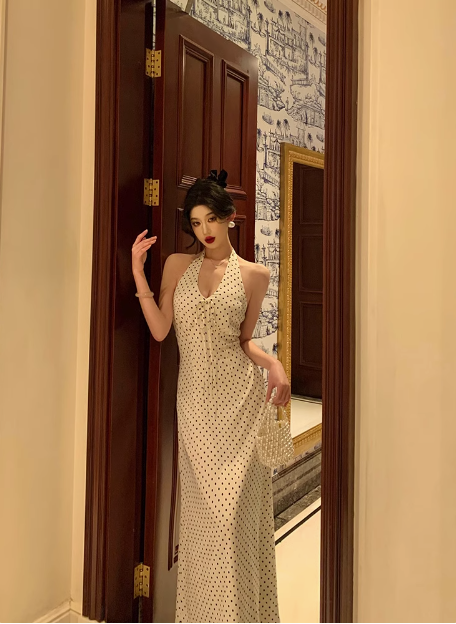 Jolie robe fourreau dos nu noire à pois pour 21e anniversaire, tenue de fête pour femme DP0190