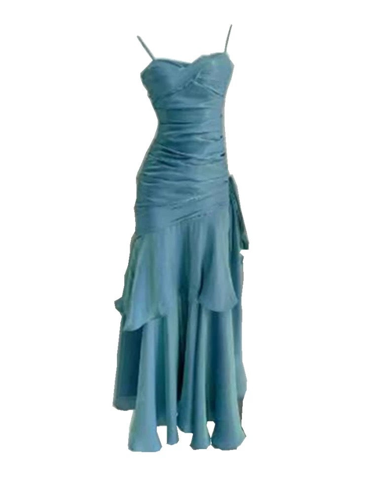 Elegant Mermaid Spaghetti Straps Blue Satin Long Prom Dresses Party Dress 21st Birthday Outfits Graduation Dresses DH2398