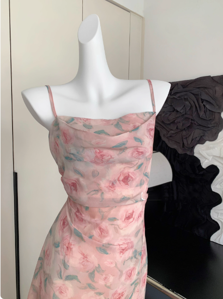 Cute A line Spaghetti Straps Pink Floral Long Chiffon Dress For Women DP0008