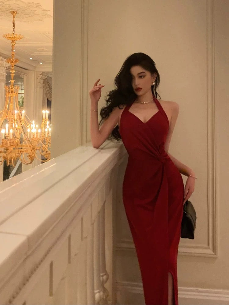 Sexy Etuikleid Neckholder Rot Ärmellos Ballkleider Partykleid Sommer Geburtstag Outfits Geburtstagskleider W810