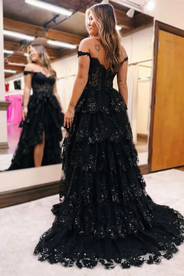 Pretty Off the Shoulder Black Tulle Appliques Off-the-Shoulder Ruffle Long Prom Dress Graduation Dress DP517