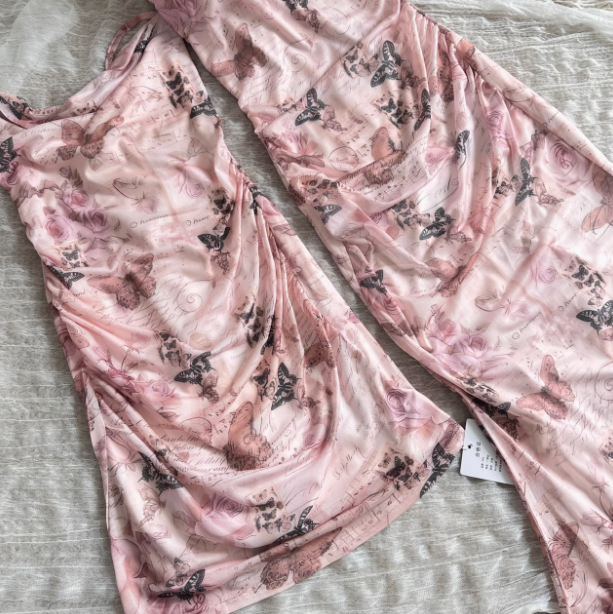 Cute Mermaid Spaghetti Straps Pink Floral Long Summer Dress For Women DP0012