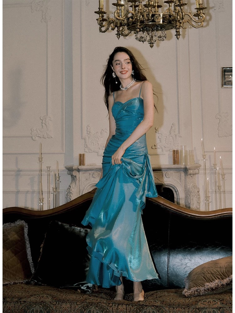Elegant Mermaid Spaghetti Straps Blue Satin Long Prom Dresses Party Dress 21st Birthday Outfits Graduation Dresses DH2398