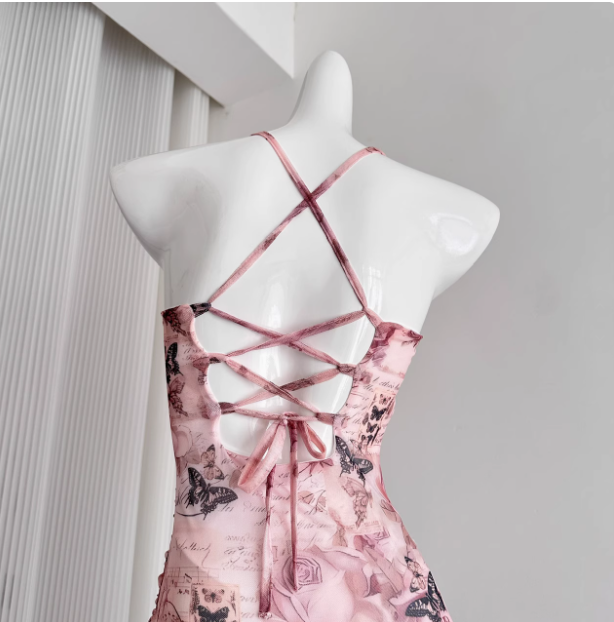 Cute Mermaid Spaghetti Straps Pink Floral Long Summer Dress For Women DP0012
