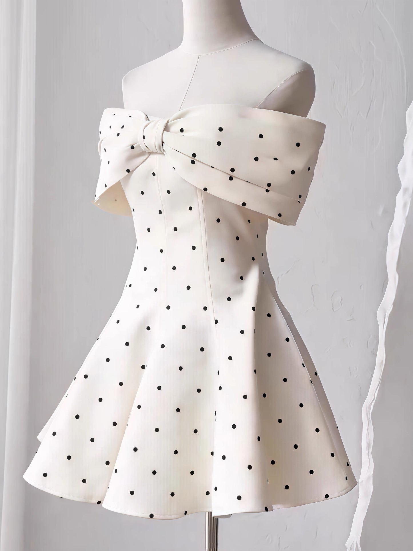 Cute A line Off The Shoulder Black Polka Dots Short Satin Formal Homecoming Dresses Party Graduation Dress Hoco Dresses DH2772