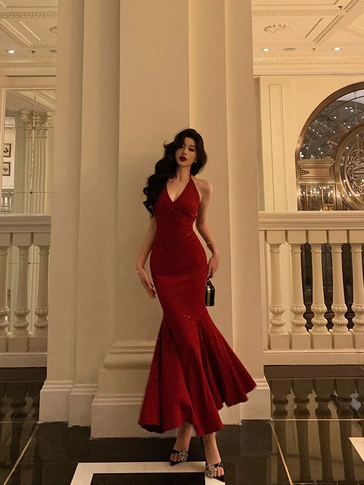 Sexy Mermaid Halter Red Sequin Sleeveless Prom Dresses Party Dress Summer Birthday Outfits 20th Birthday Dresses W818