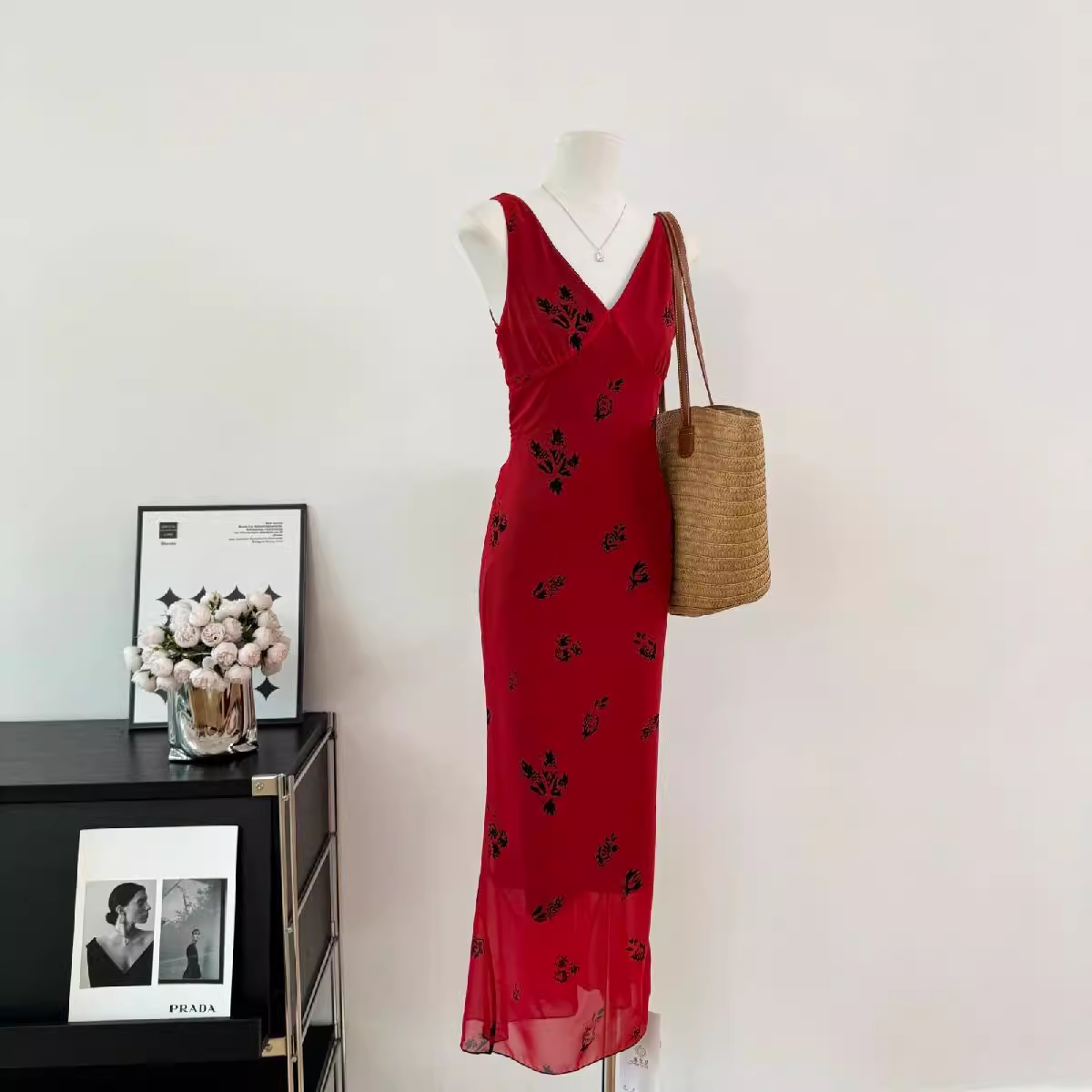 Cute A line V Neckline Red Floral Long Summer Dress For Women DP0011