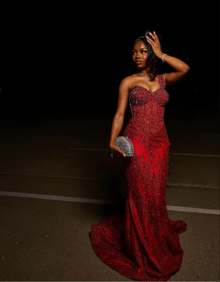 Sexy Mermaid One Shoulder Sequin Wine Red Long Birthday Dress Birthday Outfits Graduation Dresses D2615