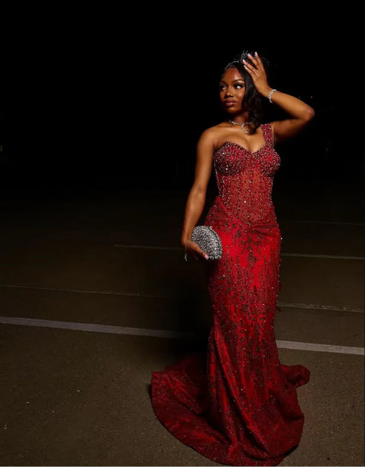 Sexy Mermaid One Shoulder Sequin Wine Red Long Birthday Dress Birthday Outfits Graduation Dresses D2615