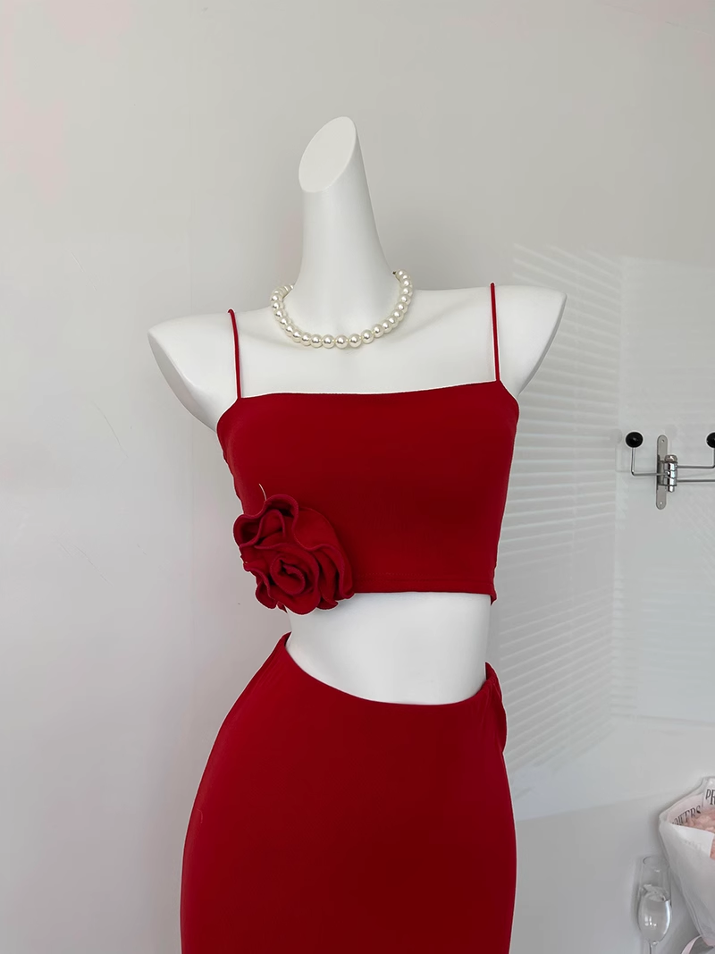 Cute Mermaid Spaghetti Straps 2 Pieces Red Long Summer Dress For Women DP0013