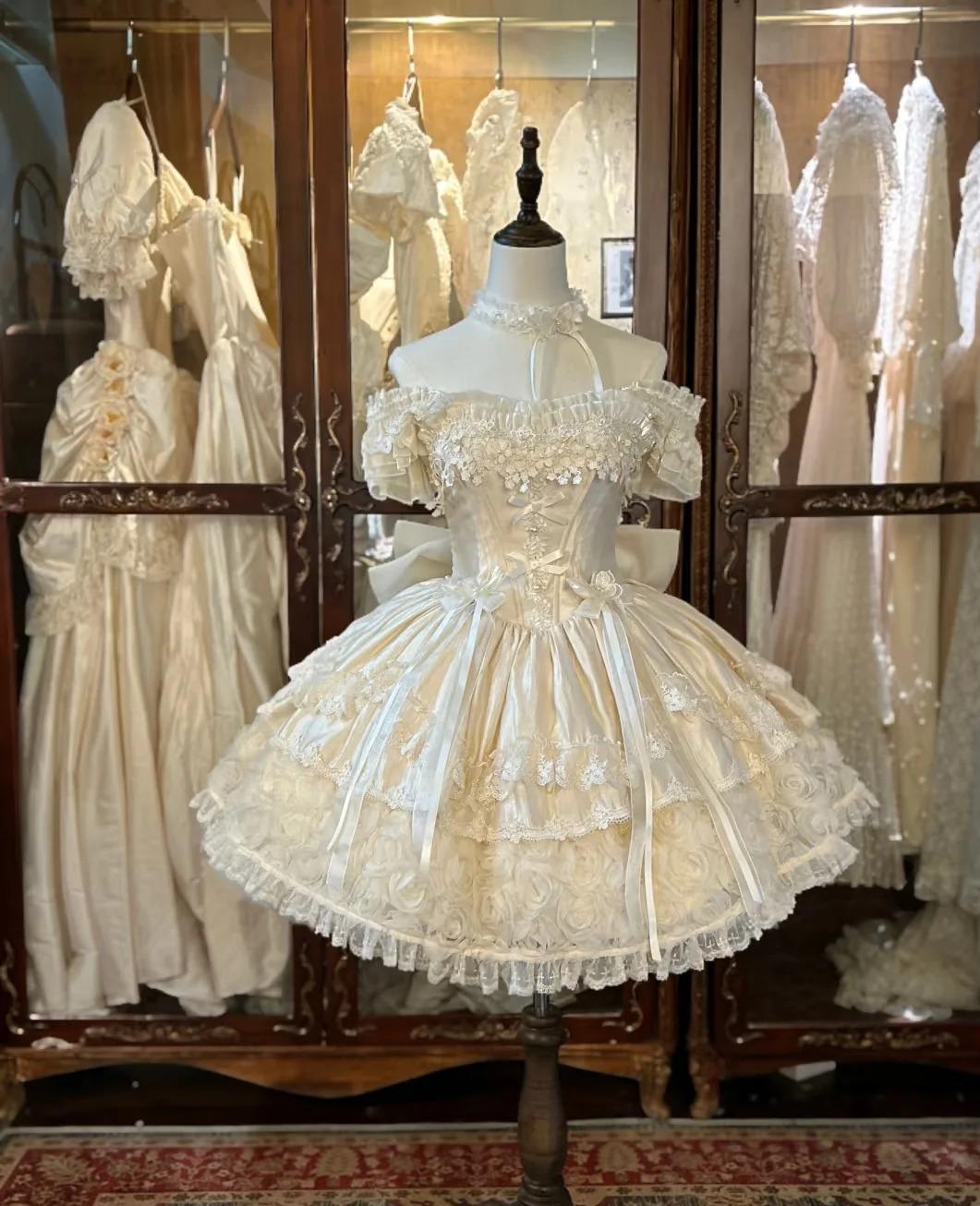 Vintage Ball Gown White Off Shoulder Tulle Lace Short Lolita Outfits 22th Birthday Dress Mini Cute Lolita Dress DH02715