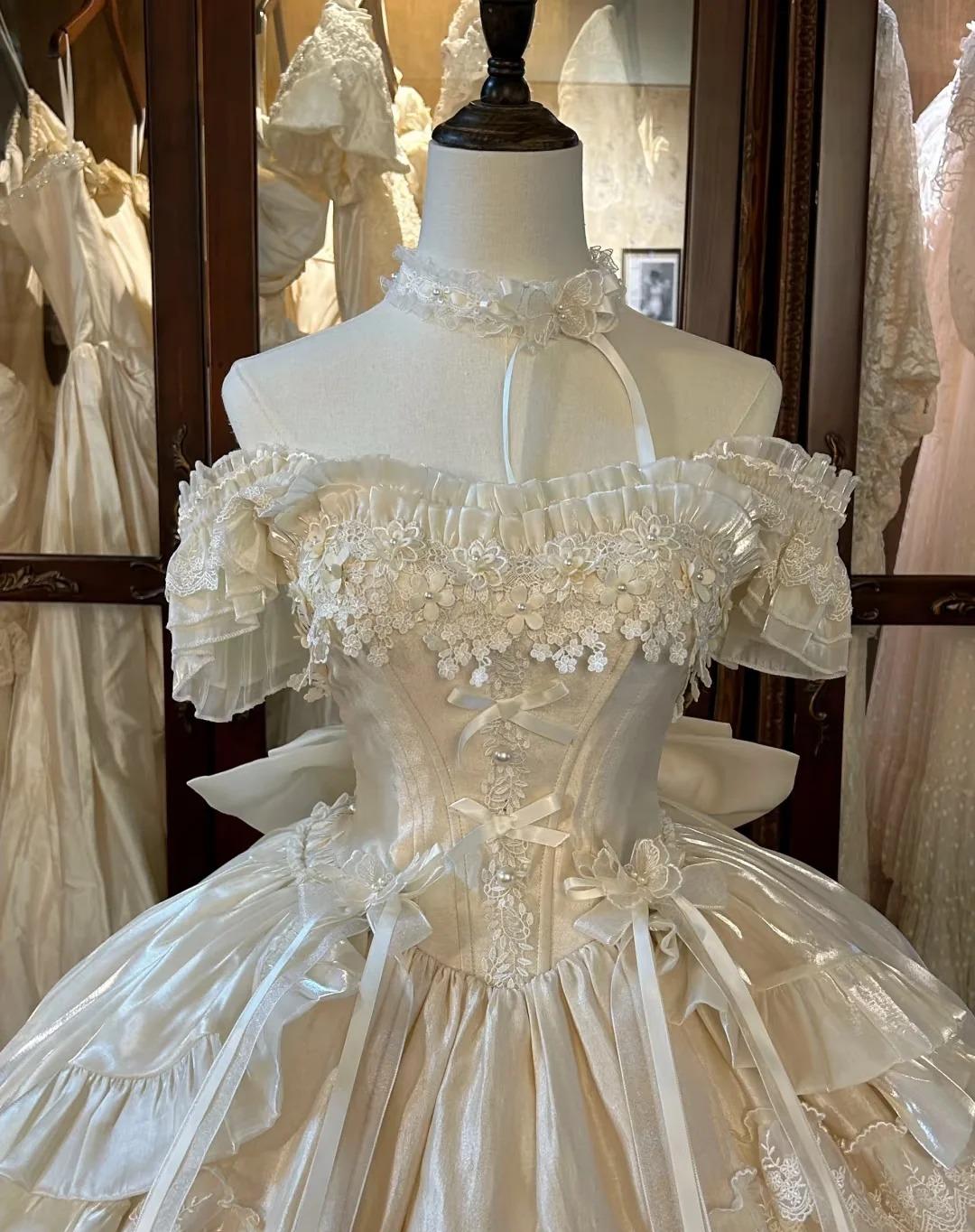 Vintage Ball Gown White Off Shoulder Tulle Lace Short Lolita Outfits 22th Birthday Dress Mini Cute Lolita Dress DH02715