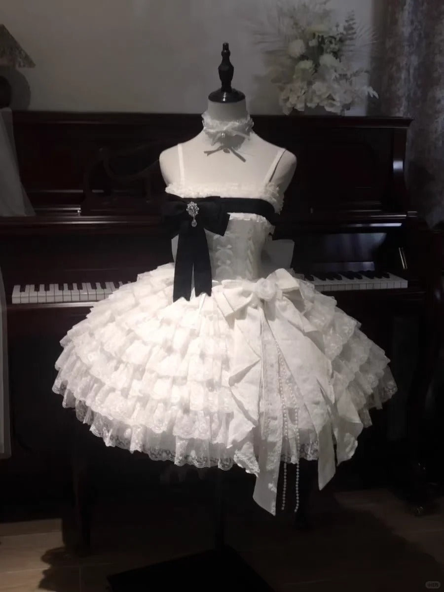 Vintage Ball Gown White Tulle Lace Spaghetti Straps Short Lolita Outfits 18th Birthday Dress Mini Cute Lolita Dress DH02716