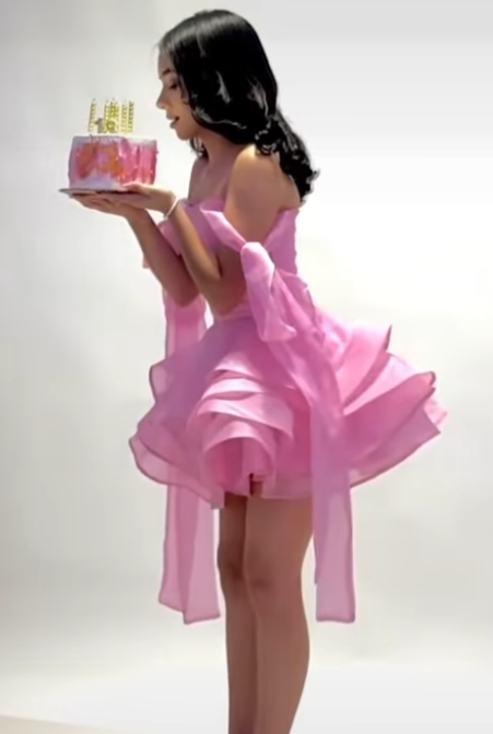Robe de bal mignonne à épaules dénudées en mousseline de soie rose, courte et formelle, tenue de bal de 8e année, tenue d'été Hoco pour le collège, tenue d'anniversaire DH1009