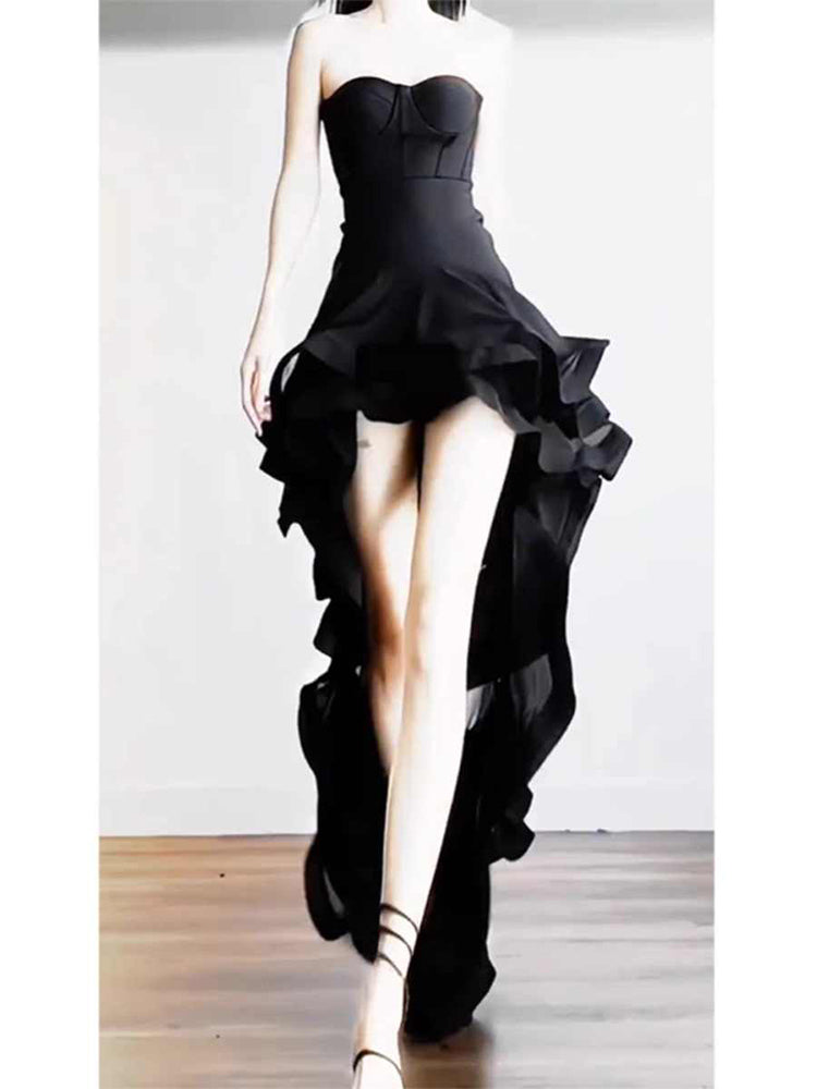 Elegant High Low Strapless Black Long Prom Dresses Party Dress Summer 22th Birthday Outfits 18th Birthday Dresses DH1043