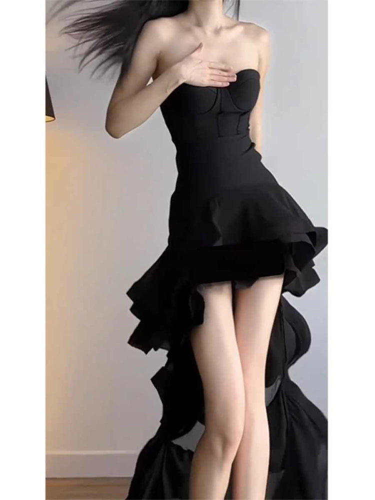 Elegant High Low Strapless Black Long Prom Dresses Party Dress Summer 22th Birthday Outfits 18th Birthday Dresses DH1043