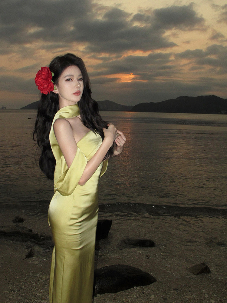 Elegant Mermaid Off The Shoulder Yellow Satin Prom Dresses Party Dress Summer 22th Birthday Outfits 18th Birthday Dresses DH1048