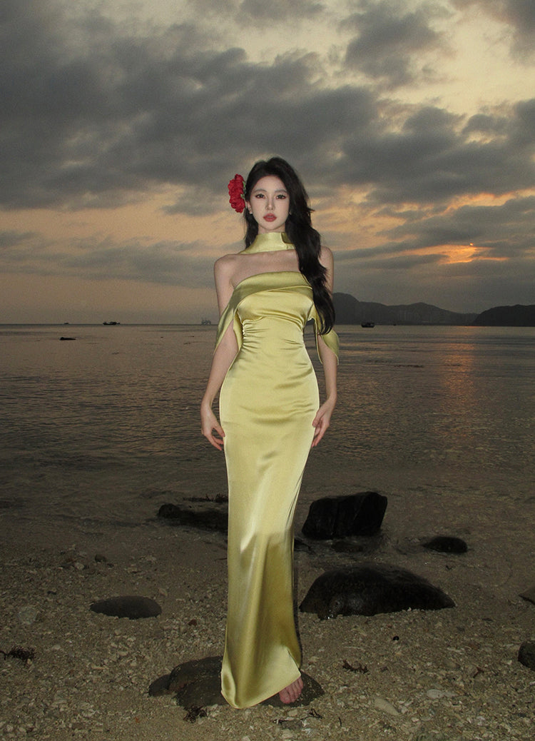 Elegant Mermaid Off The Shoulder Yellow Satin Prom Dresses Party Dress Summer 22th Birthday Outfits 18th Birthday Dresses DH1048