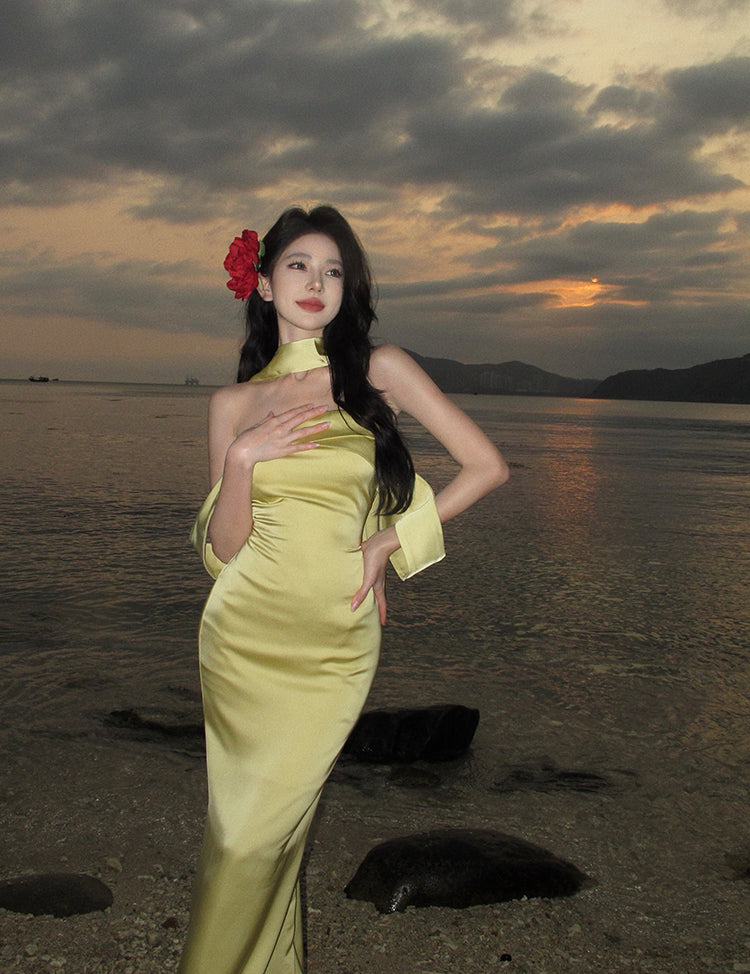 Elegant Mermaid Off The Shoulder Yellow Satin Prom Dresses Party Dress Summer 22th Birthday Outfits 18th Birthday Dresses DH1048
