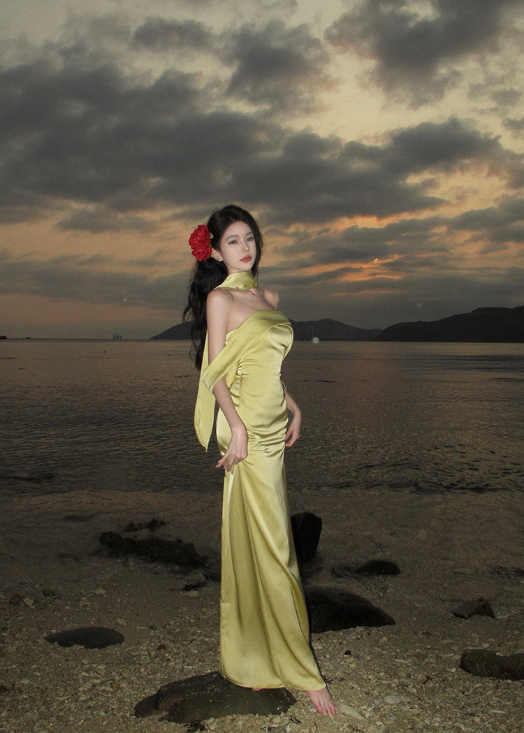 Elegant Mermaid Off The Shoulder Yellow Satin Prom Dresses Party Dress Summer 22th Birthday Outfits 18th Birthday Dresses DH1048