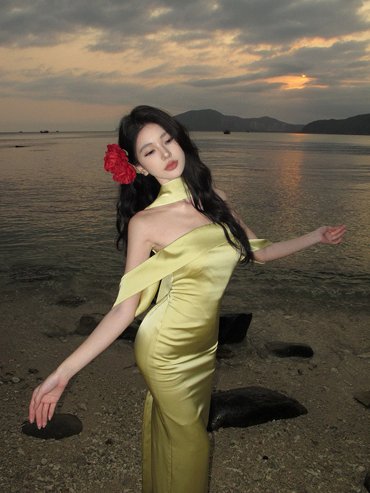 Elegant Mermaid Off The Shoulder Yellow Satin Prom Dresses Party Dress Summer 22th Birthday Outfits 18th Birthday Dresses DH1048