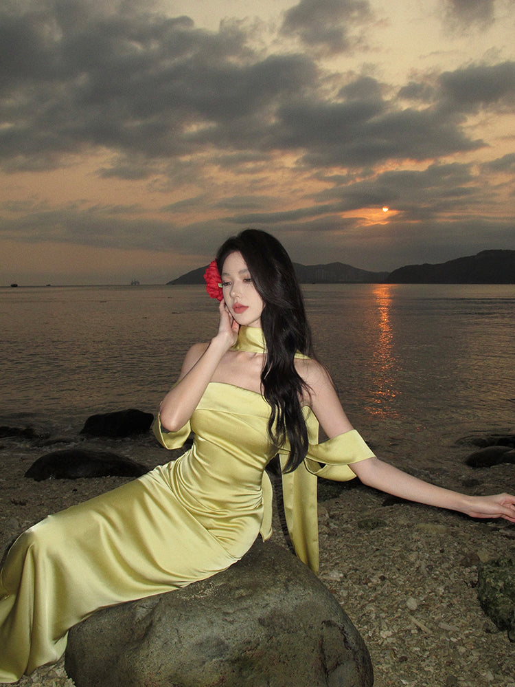 Elegant Mermaid Off The Shoulder Yellow Satin Prom Dresses Party Dress Summer 22th Birthday Outfits 18th Birthday Dresses DH1048